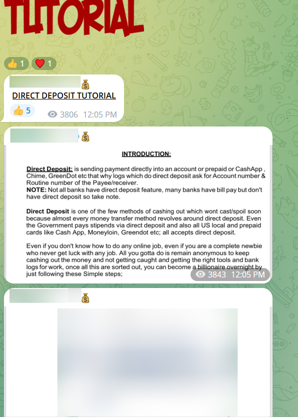 Telegram screenshot that includes three messages. The first message says "DIRECT DEPOSIT TUTORIAL." The second message includes a description of the direct deposit fraud that uses bank logs. The third message is a blurred out screenshot.