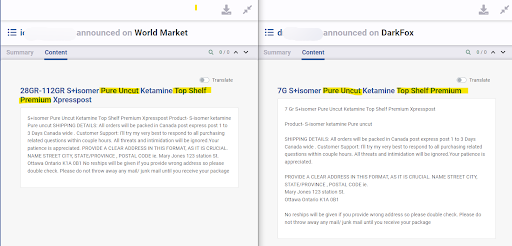 Two Flare screenshots next to each other. A threat actor with different usernames has posted messages in World Market and DarkFox with the same phrasing "Pure Uncut Ketamine top Shelf Premium" in the title.