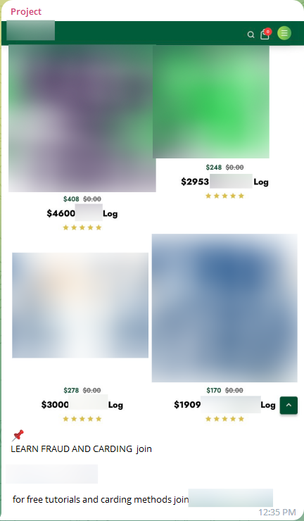 Screenshot of a threat actor selling four sets of stolen credentials for bank accounts. The accounts have balances ranging from $1909 to $4600, sold for $170 to $408.